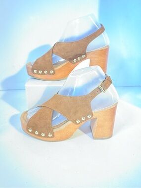 Time and Tru Tan Suede Studded Wedge Sandals